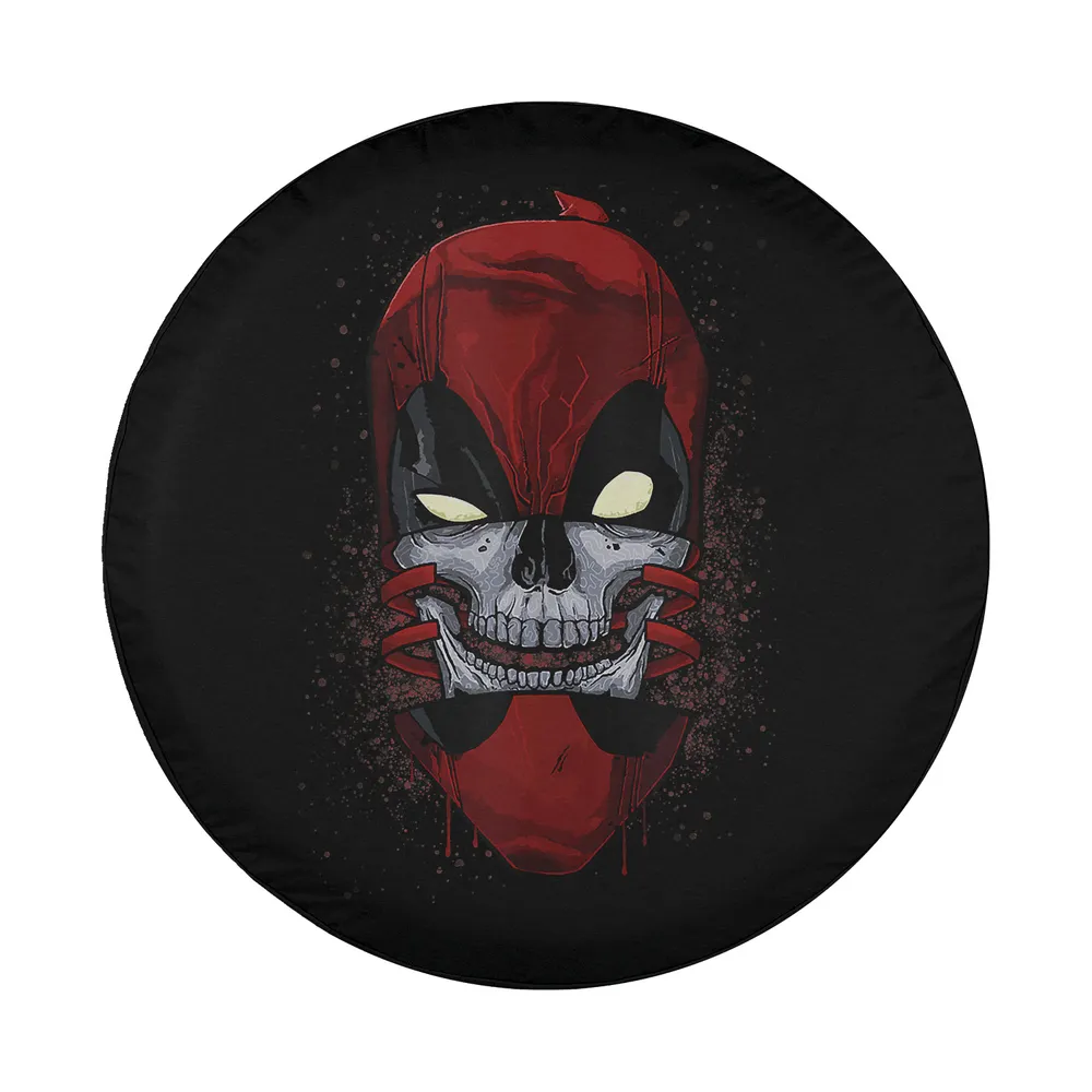 Red splatter Deadpool skull Marvel comic design for spare tire cover closeup