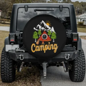 Camping adventure spare tire cover with red tent, pine trees, and camera hole for Jeep