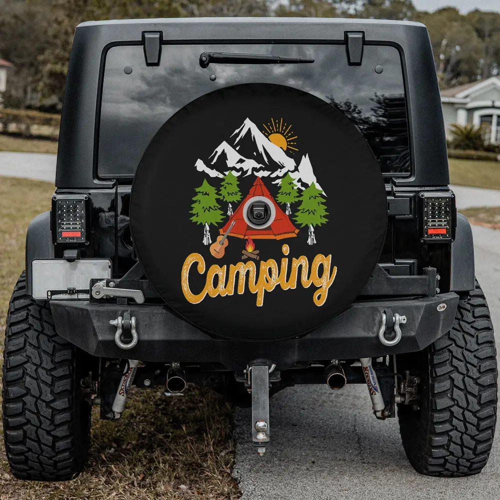 Camping adventure spare tire cover with red tent, pine trees, and camera hole for Jeep