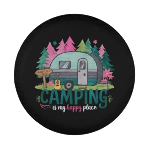 Retro camper and pine trees camping spare tire cover design only, camping scene