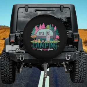 Retro camper and pine trees camping spare tire cover with whimsical forest scene, no camera hole