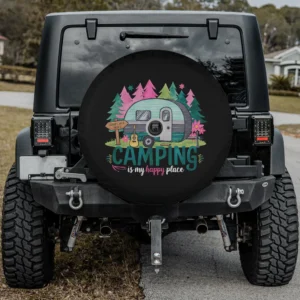 Retro camper and pine trees camping spare tire cover for Jeep with backup camera hole