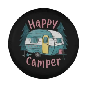 Hand-drawn retro camper with pine trees and happy camper text design