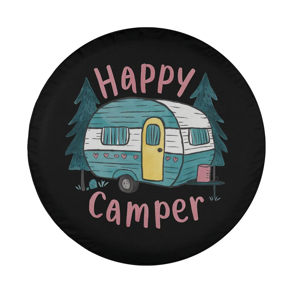 Hand-drawn retro camper with pine trees and happy camper text design