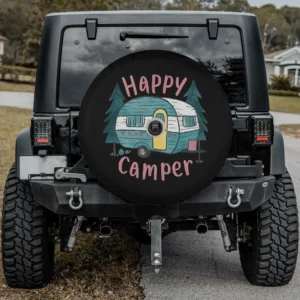 Retro camper and pine trees happy camper spare tire cover with camera hole