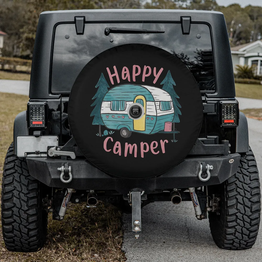 Retro camper and pine trees happy camper spare tire cover with camera hole
