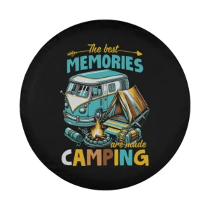 Retro camper van and tent camping design with campfire illustration