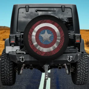 Retro mandala Captain America shield spare tire cover with Marvel Comics detail, no camera hole