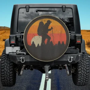 Retro sun silhouette hiker forest spare tire cover with no camera hole for Jeep and SUV