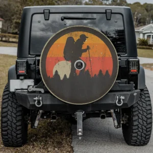 Retro sun silhouette hiker forest spare tire cover with backup camera hole for Jeep Wrangler