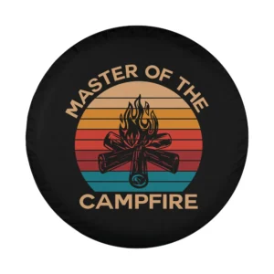 Vintage campfire and sunset stripes design for camping spare tire cover