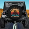 Retro sunset campfire firewood camping spare tire cover with vintage stripes for Jeep, RV, SUV