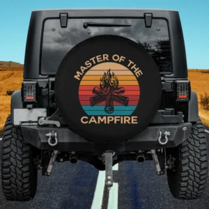 Retro sunset campfire firewood camping spare tire cover with vintage stripes for Jeep, RV, SUV