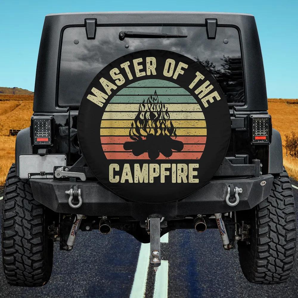 Retro sunset campfire vintage distressed camping spare tire cover with no camera hole on Jeep
