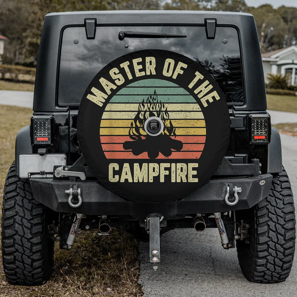 Retro sunset campfire vintage distressed camping spare tire cover with backup camera hole