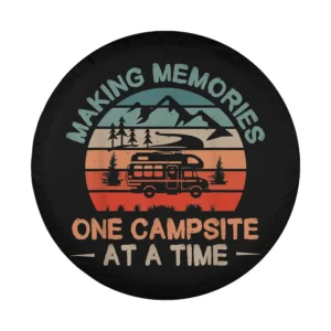 Design only of retro sunset mountains RV camping spare tire cover with RV and pine trees