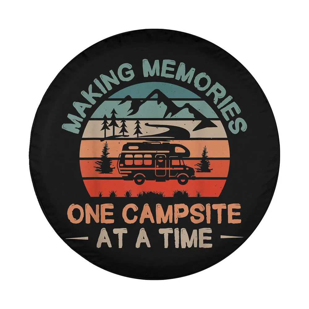 Design only of retro sunset mountains RV camping spare tire cover with RV and pine trees