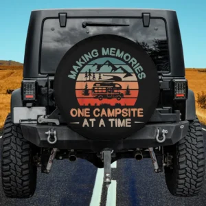 Retro sunset mountains RV camping spare tire cover with vintage RV and pine trees, no camera hole