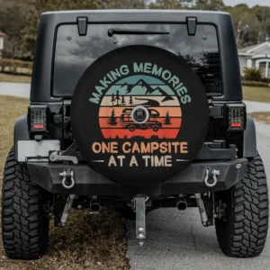 Retro sunset mountains RV camping spare tire cover, backup camera hole, vintage RV scene