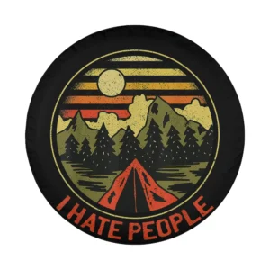 Retro sunset mountains tent camping I Hate People spare tire cover design only