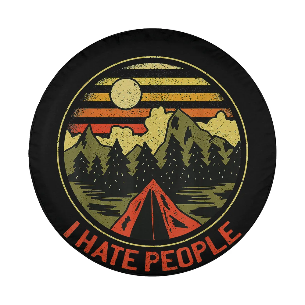 Retro sunset mountains tent camping I Hate People spare tire cover design only