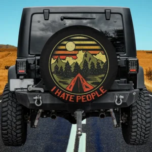 Retro sunset mountains tent camping I Hate People spare tire cover no camera hole