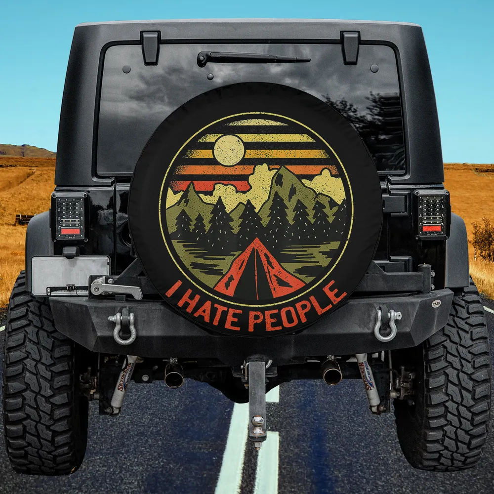 Retro sunset mountains tent camping I Hate People spare tire cover no camera hole