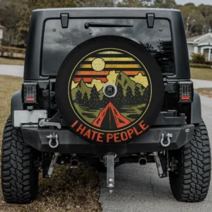 Retro sunset mountains tent camping I Hate People spare tire cover with camera hole