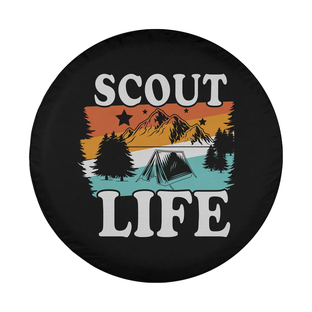 Scout Life spare tire cover retro sunset mountains tent camping design