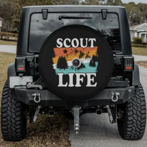 Retro sunset mountains tent scout life spare tire cover with camera hole option
