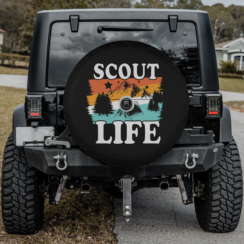 Retro sunset mountains tent scout life spare tire cover with camera hole option