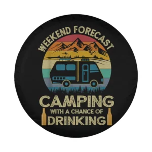 Retro sunset RV camping drinking design with RV, bottles, and mountains