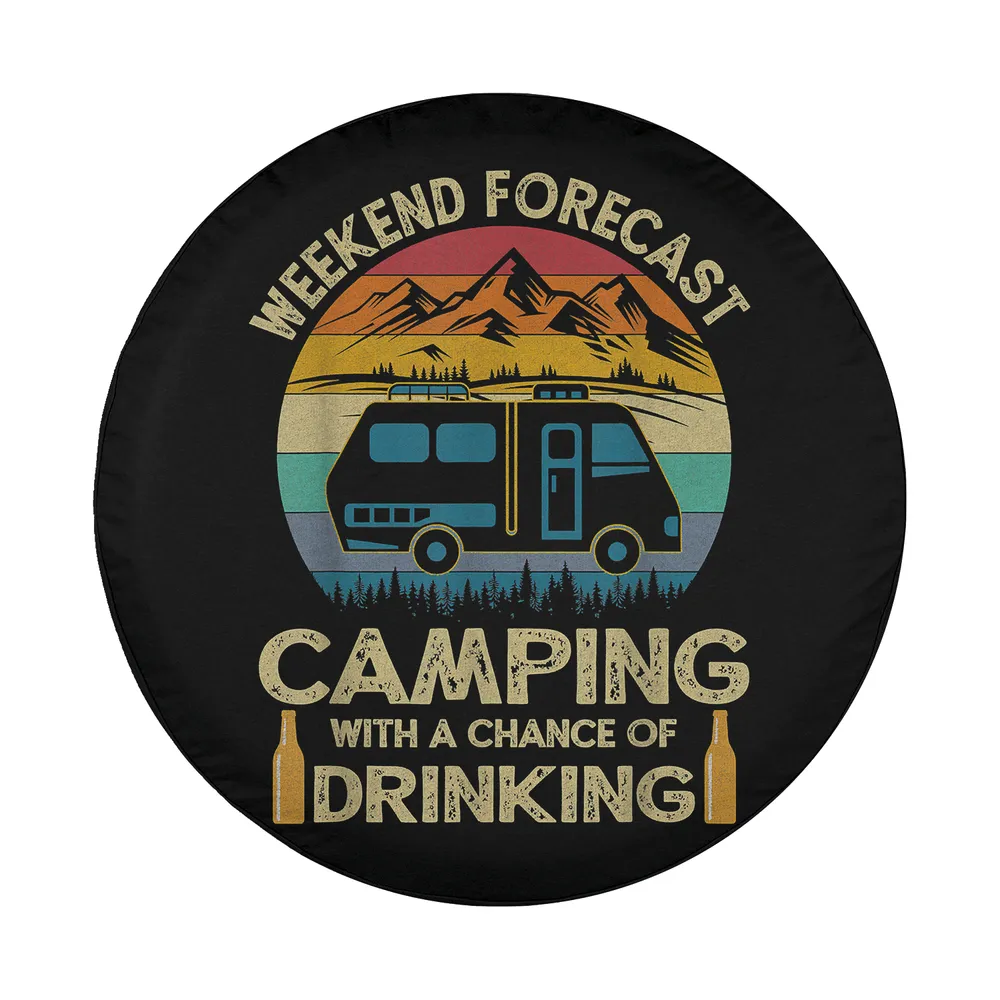 Retro sunset RV camping drinking design with RV, bottles, and mountains
