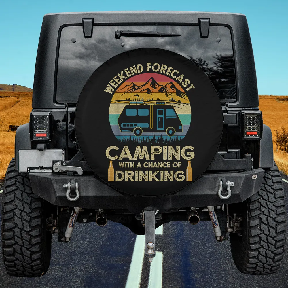 Retro sunset RV camping drinking spare tire cover with bottles and mountains, no camera hole