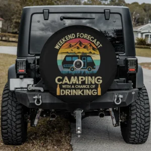 Retro sunset RV camping drinking spare tire cover with bottles and mountains, with camera hole