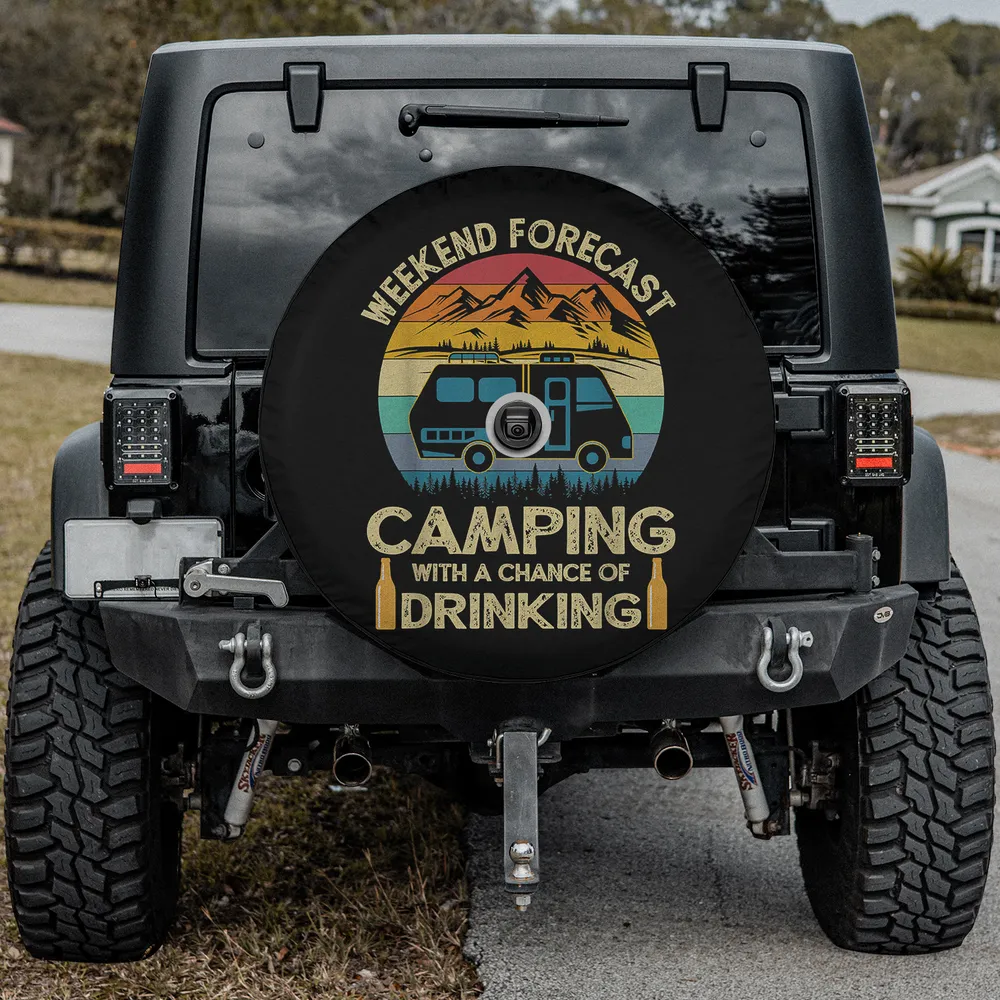 Retro sunset RV camping drinking spare tire cover with bottles and mountains, with camera hole