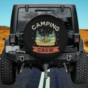 Retro tent and pine trees Camping Crew spare tire cover with no camera hole for Jeep