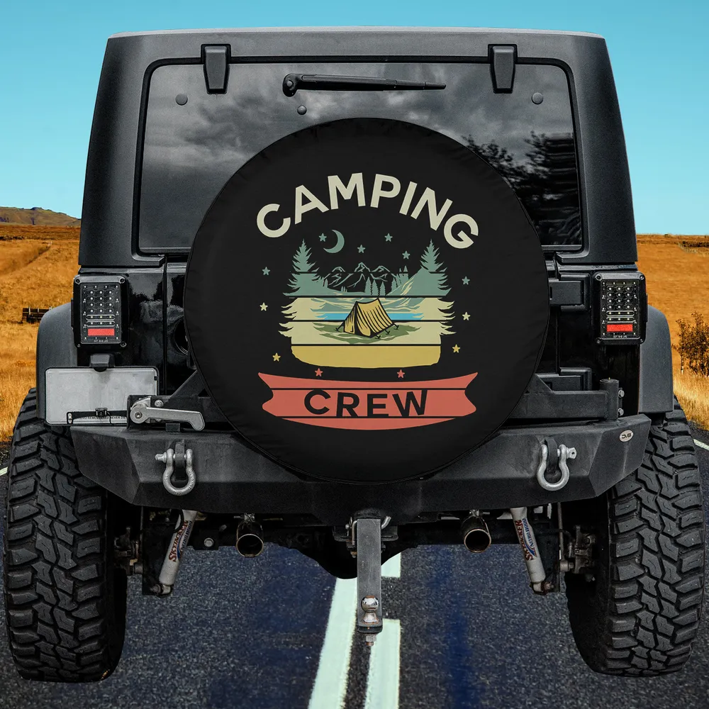 Retro tent and pine trees Camping Crew spare tire cover with no camera hole for Jeep