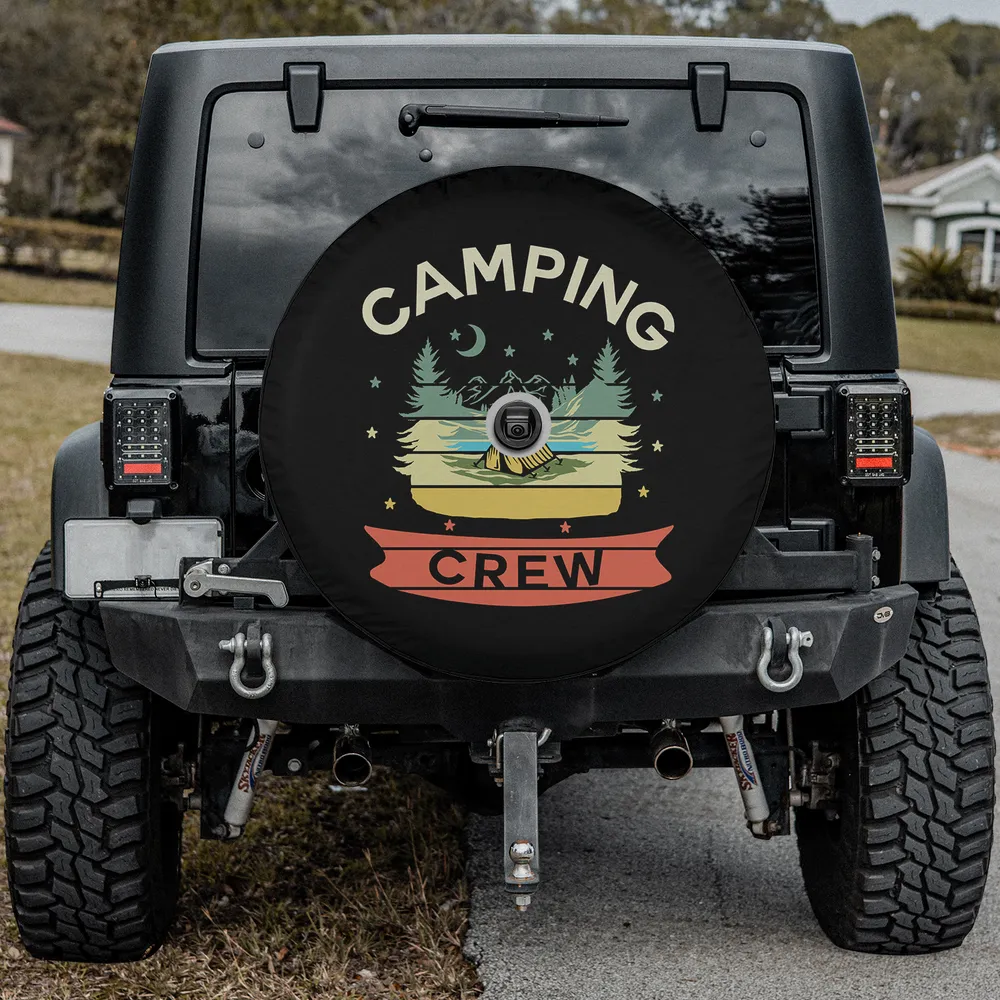 Retro tent and pine trees Camping Crew spare tire cover with backup camera hole for SUV