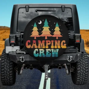 Retro tree moon camping crew spare tire cover with vintage trees and moon, no camera hole