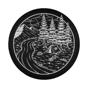 hand-drawn river pine trees mountains camping art for spare tire cover