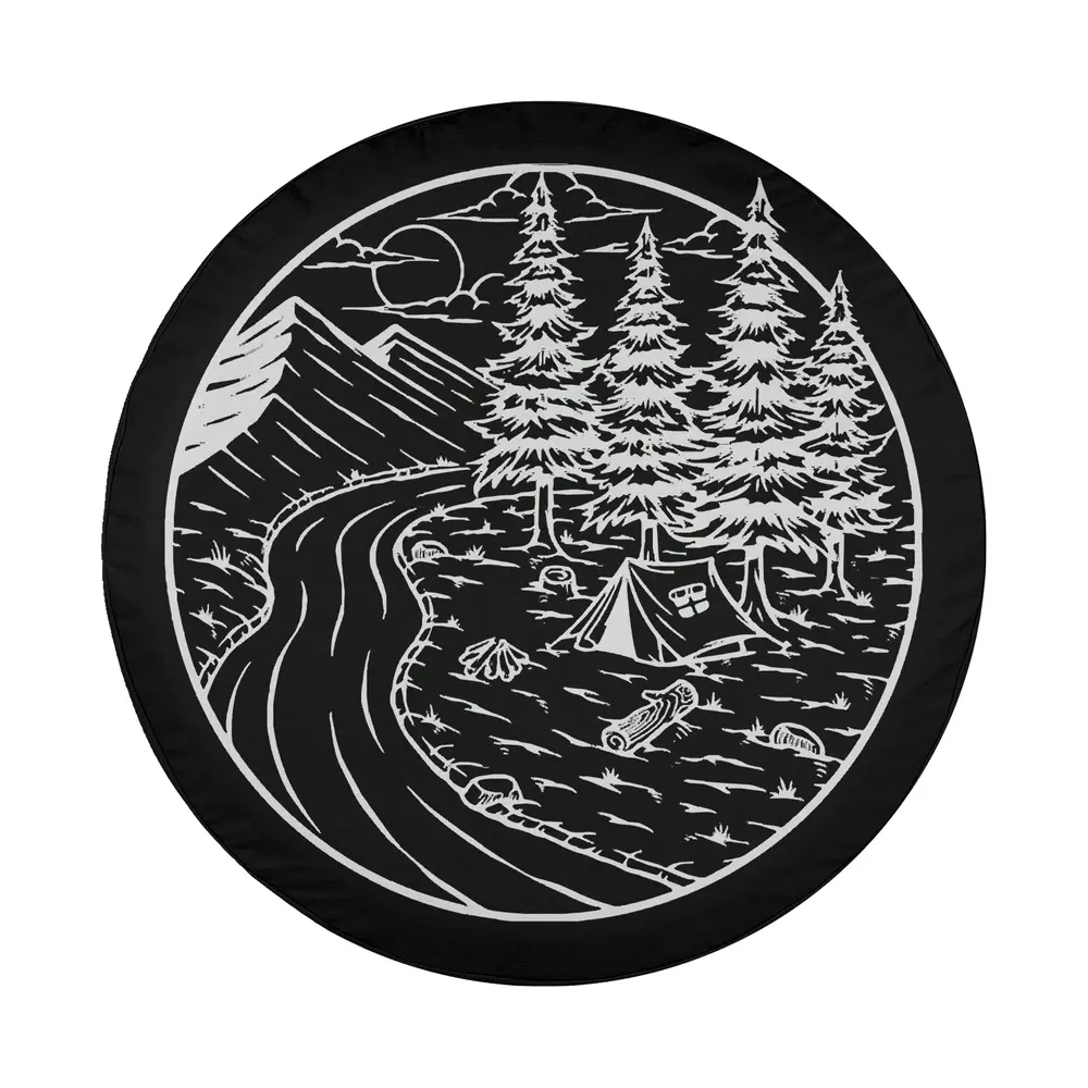 hand-drawn river pine trees mountains camping art for spare tire cover