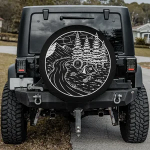 river pine trees mountains camping spare tire cover with backup camera hole, forest scene