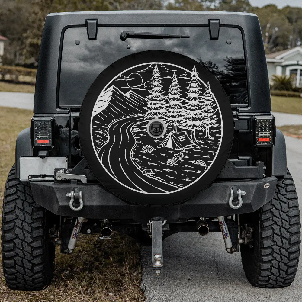 river pine trees mountains camping spare tire cover with backup camera hole, forest scene