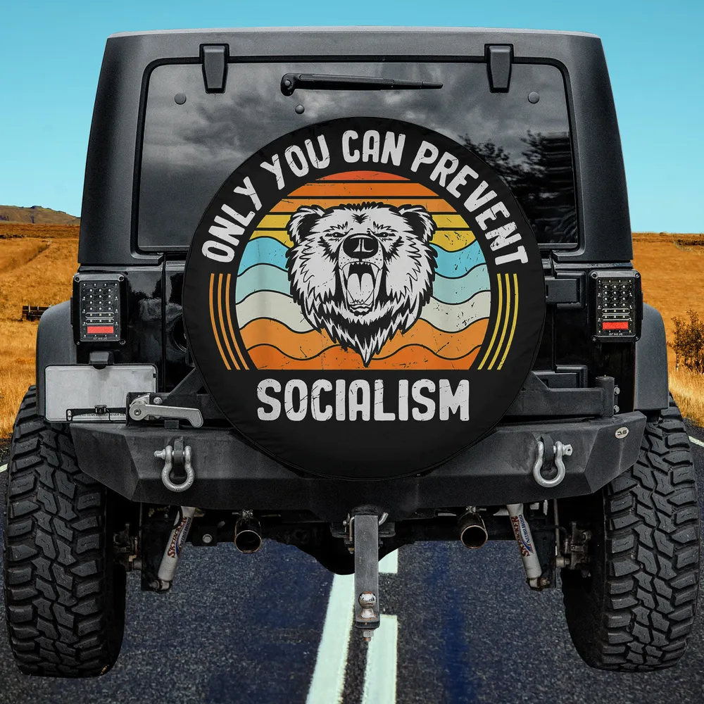 Roaring bear retro sunset socialism spare tire cover no camera hole for Jeep, SUV, RV
