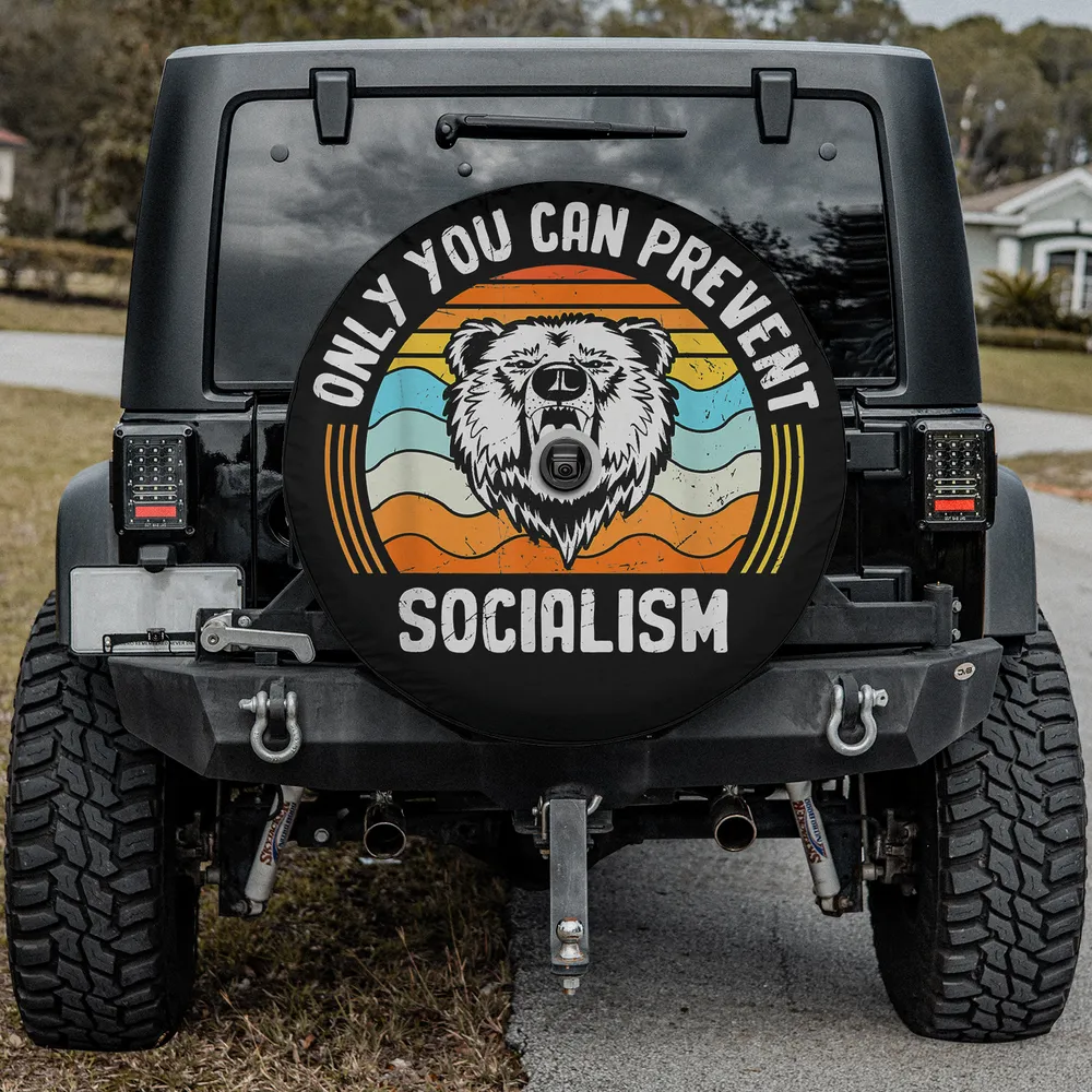 Roaring bear retro sunset socialism spare tire cover with camera hole for Jeep, SUV, RV