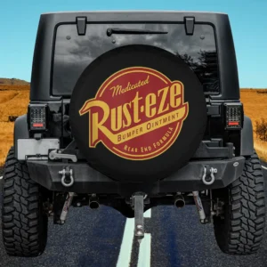 Rust-Eze badge logo vintage Disney Cars spare tire cover with no camera hole for Jeep or SUV