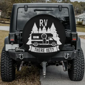 RV camper pine forest RV There Yet spare tire cover with backup camera hole