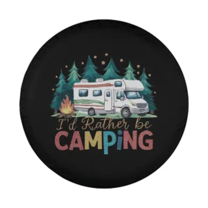 RV campfire pine trees camping design for spare tire cover closeup