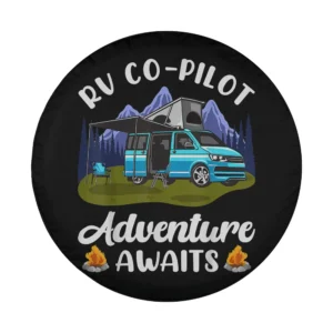 Camper, mountain, and campfire Adventure Awaits RV Co-Pilot tire cover artwork